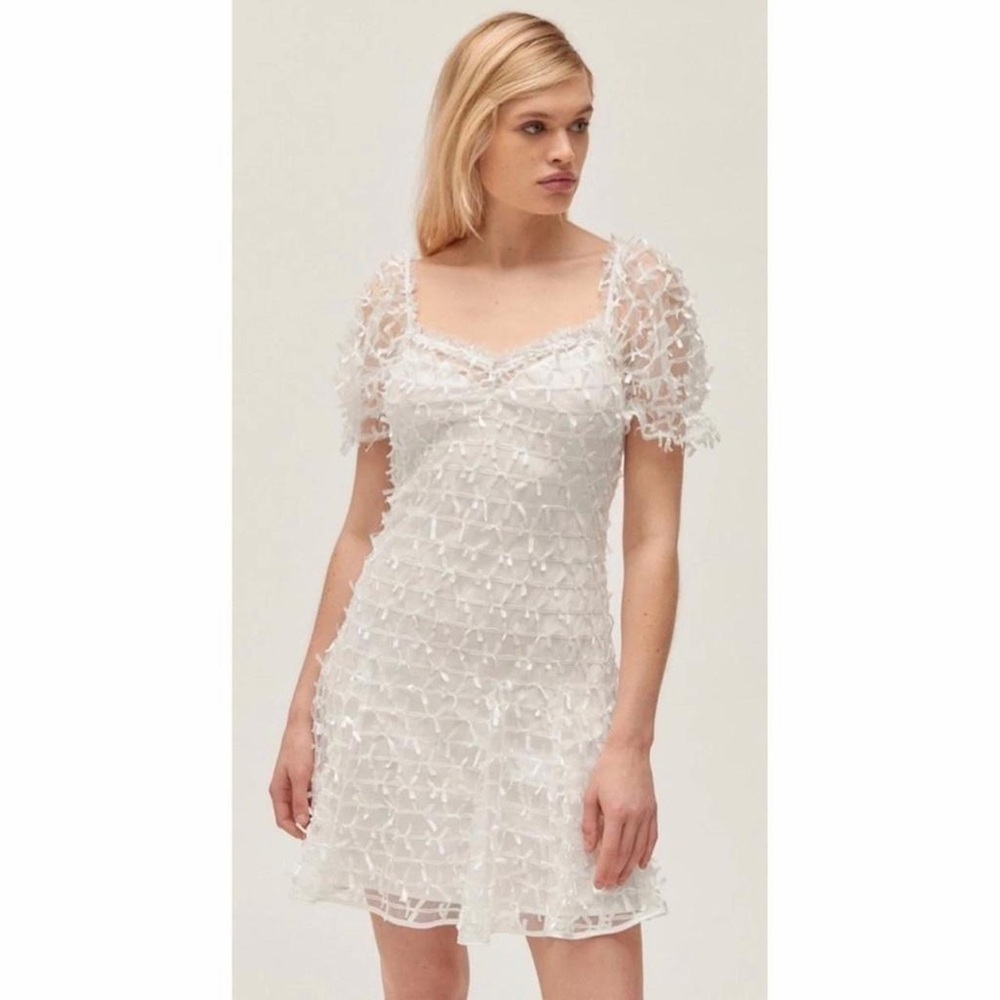 Betsey Johnson White All Over Bow Puff-Sleeve Mini Dress
